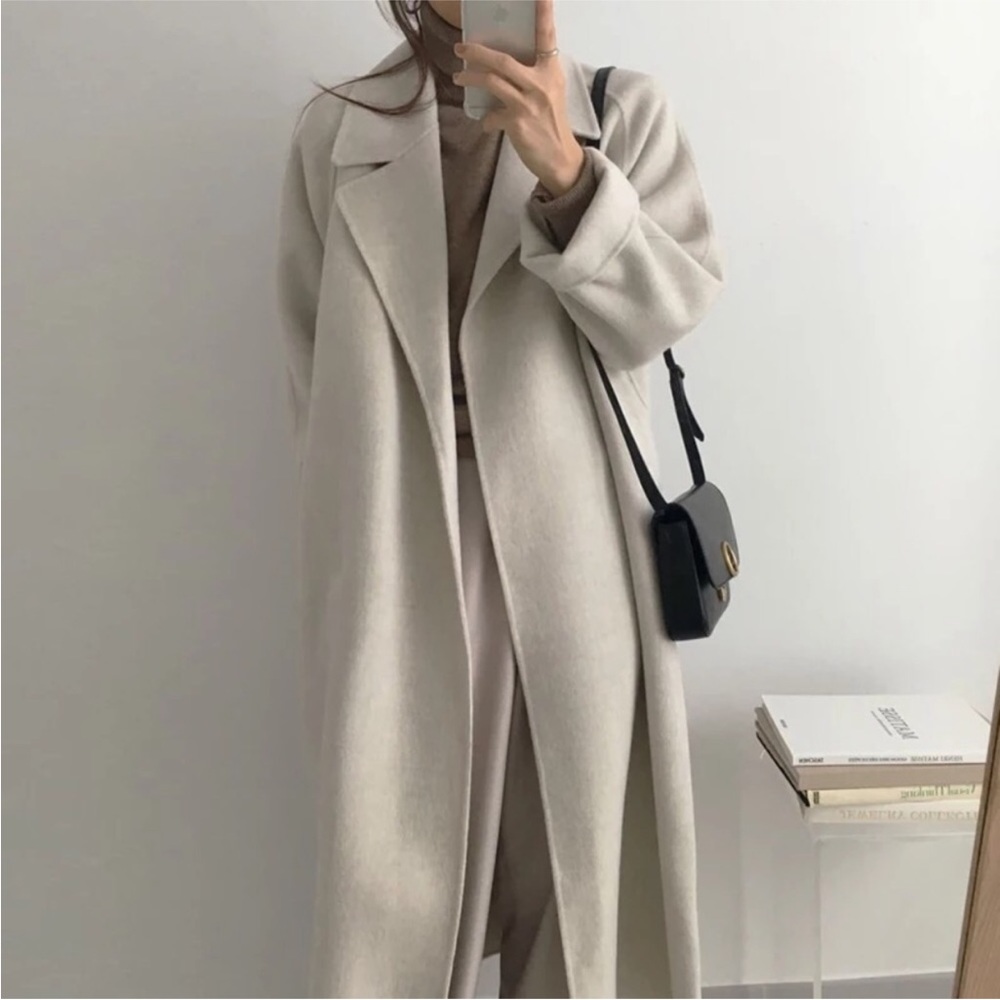 New Wool Coat Long Heather Grey collar women’s belted collar jacket